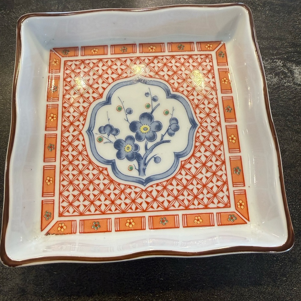 Vintage Japanese Imari-style Porcelain Square Decorative Dish in Orange and Blue